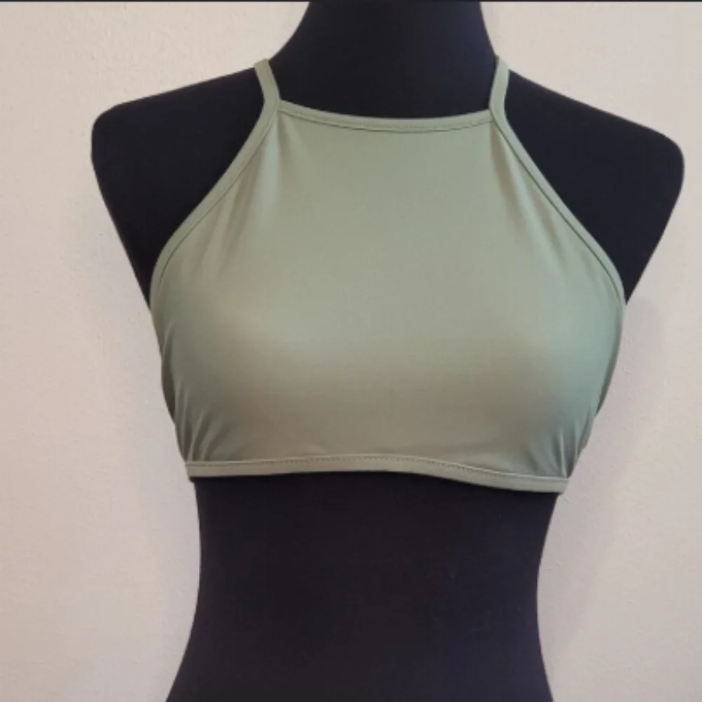 Aerie High Neck Crop Bikini Top – Olive Green, Crisscross Open Back, Women’s XL - Picture 2 of 10
